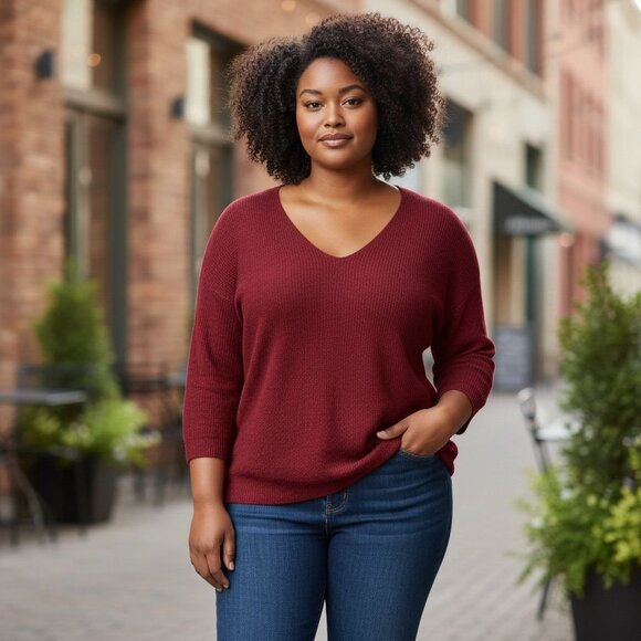 Ava & Viv Women V-Neck 3/4 Sleeves Stretchy Red Knit Winter Sweater Plus Size 3X - Picture 2 of 10